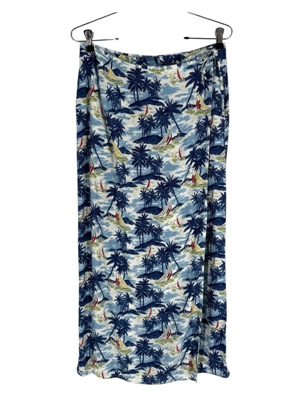 Liz Claiborne Wrap Maxi Skirt Womens Size 10 Blue Palm Tree Sail Boat Print